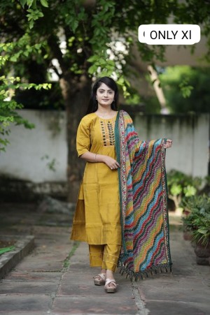 Beautiful handwork roman silk yellow kurti pant dupatta